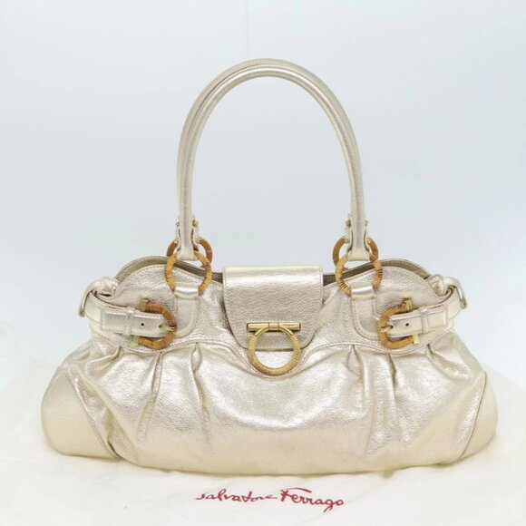 Salvatore Ferragamo Gancini Hand Bag Leather Gold Tone Gold - Picture 11 of 16